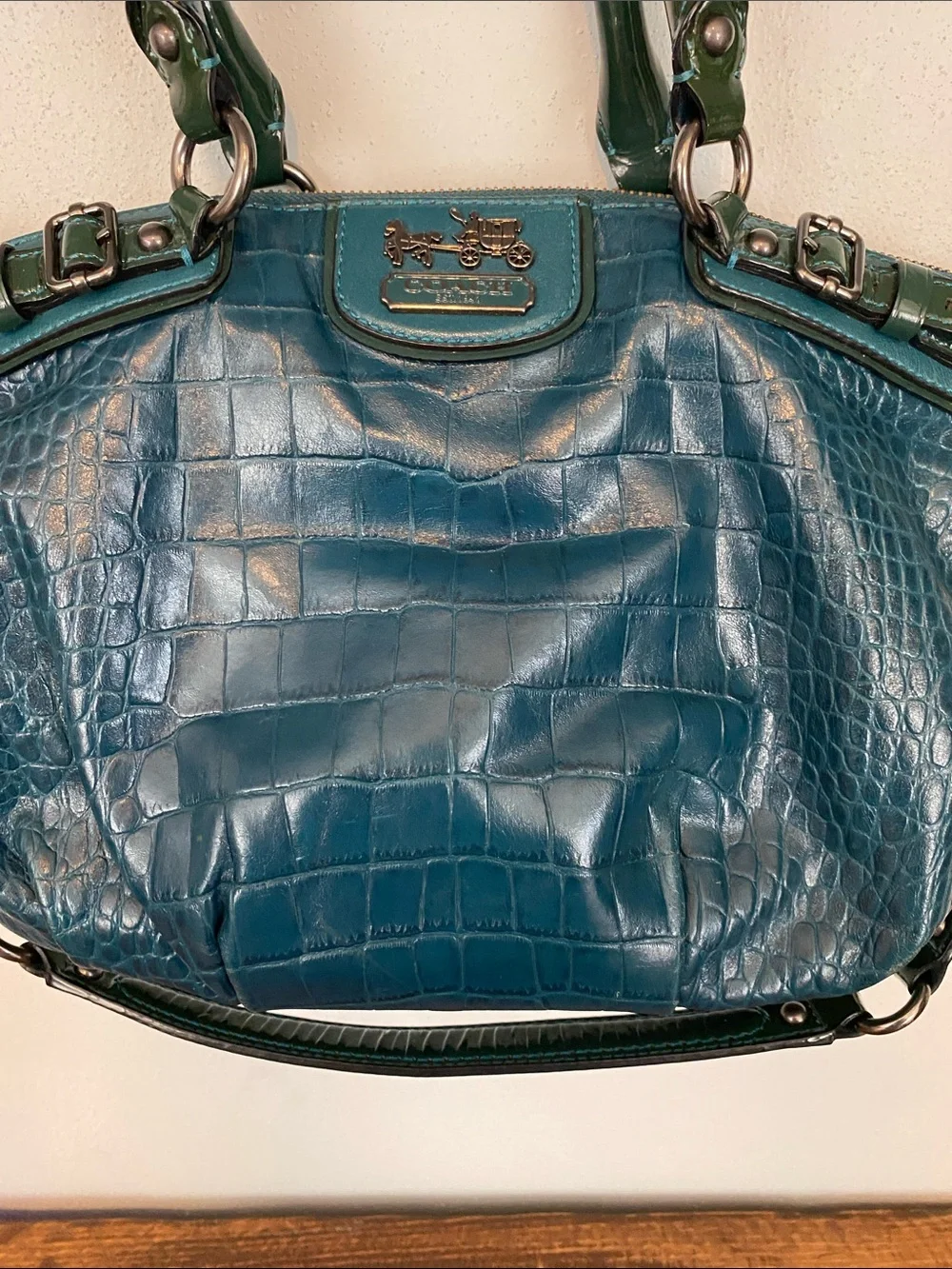 Coach Teal Croc-Embossed Leather Shoulder Bag with Dark Green Trim
